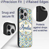 Vintage Floral Motif Blue Yellow Printed Design Custom Name Protective Phone Case Mobile Cover Durable Everyday Smartphone Shock Resistant
