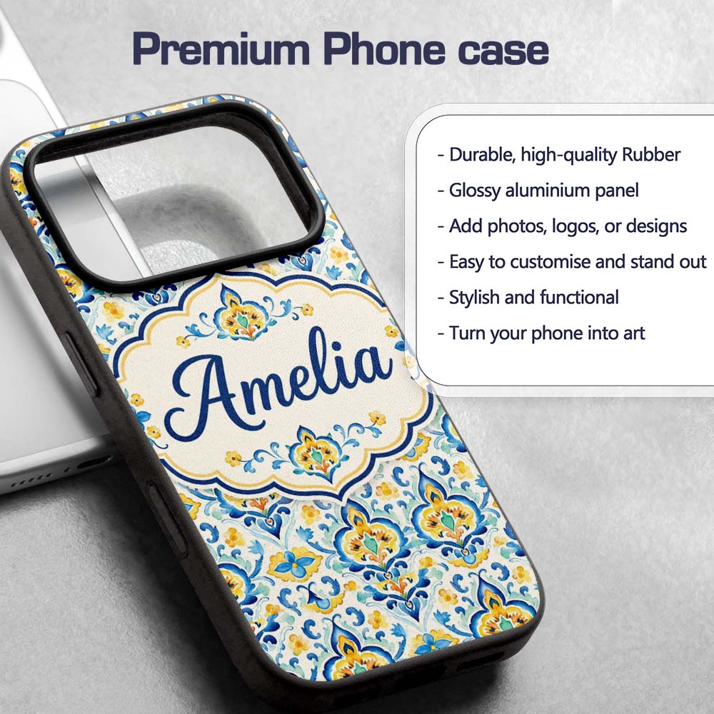 Vintage Floral Motif Blue Yellow Printed Design Custom Name Protective Phone Case Mobile Cover Durable Everyday Smartphone Shock Resistant