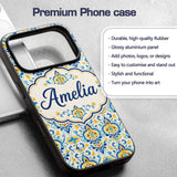Vintage Floral Motif Blue Yellow Printed Design Custom Name Protective Phone Case Mobile Cover Durable Everyday Smartphone Shock Resistant