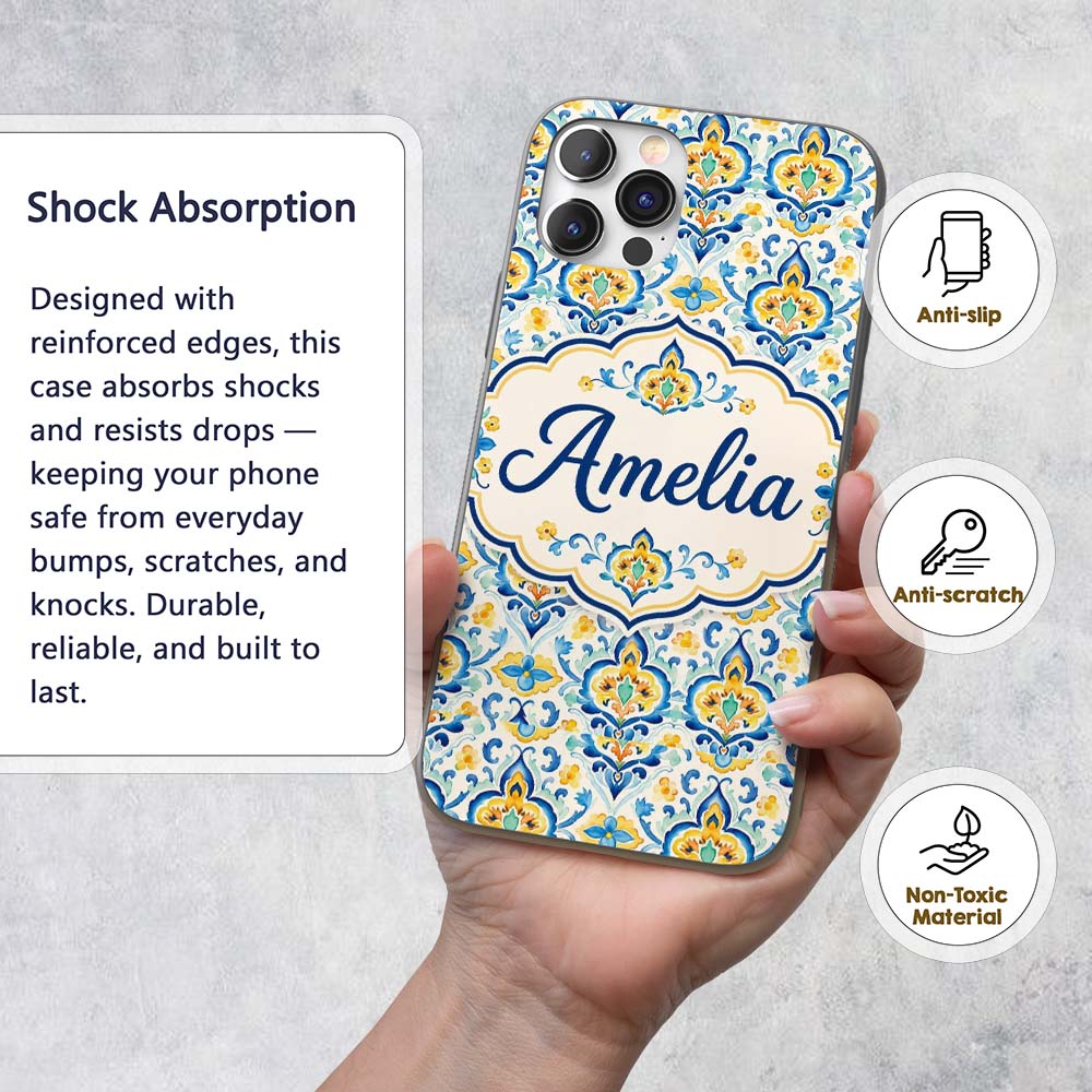 Vintage Floral Motif Blue Yellow Printed Design Custom Name Protective Phone Case Mobile Cover Durable Everyday Smartphone Shock Resistant