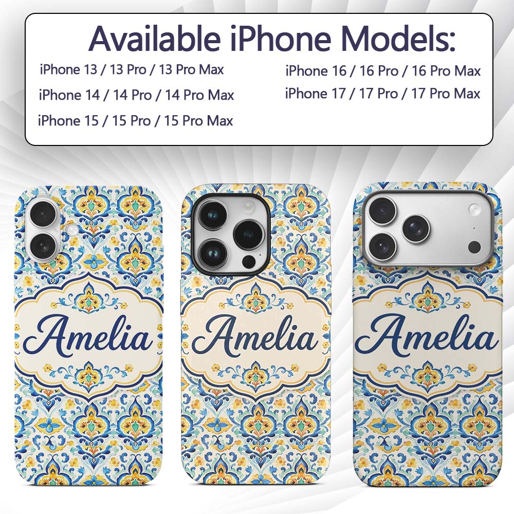Vintage Floral Motif Blue Yellow Printed Design Custom Name Protective Phone Case Mobile Cover Durable Everyday Smartphone Shock Resistant