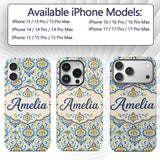 Vintage Floral Motif Blue Yellow Printed Design Custom Name Protective Phone Case Mobile Cover Durable Everyday Smartphone Shock Resistant