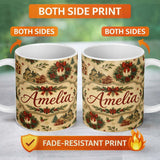 Personalized Custom Name Vintage Christmas Wreaths Bows Houses and Festive Holiday Elements 11oz Ceramic Coffee Tea Mug White Large Handle