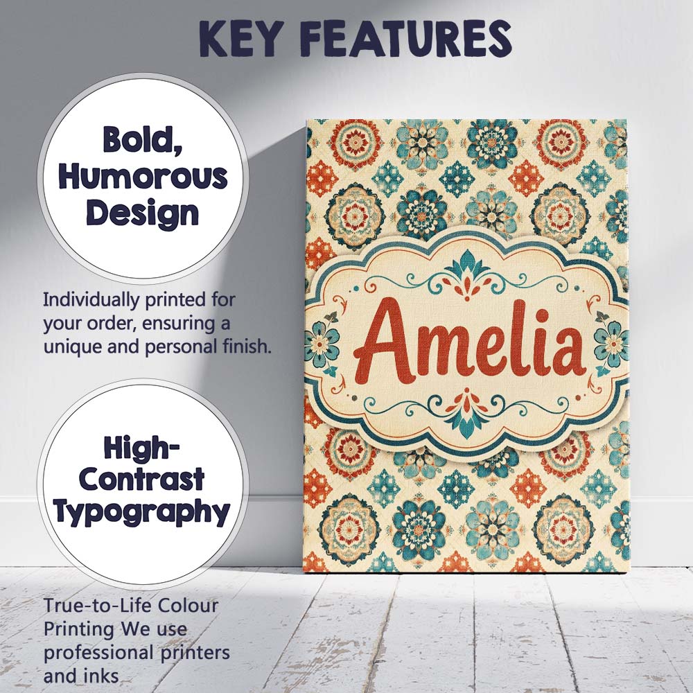 Personalised Name Boho Mandala Floral Custom Modern Room Accent Creative Decorator Style Canvas Wall Art Print Decor Picture Ready to Hang