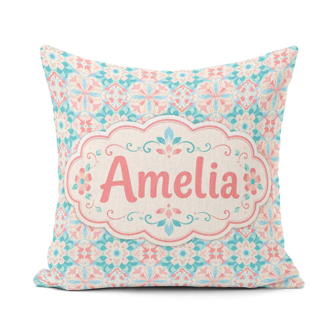 Custom Name Pastel Floral Tile Pink Teal Seamless Pattern Lovely Square Filled Cushion Throw Pillow Sofa Bed Home Decor Zip Washable UK Made