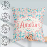 Custom Name Pastel Floral Tile Pink Teal Seamless Pattern Lovely Square Filled Cushion Throw Pillow Sofa Bed Home Decor Zip Washable UK Made