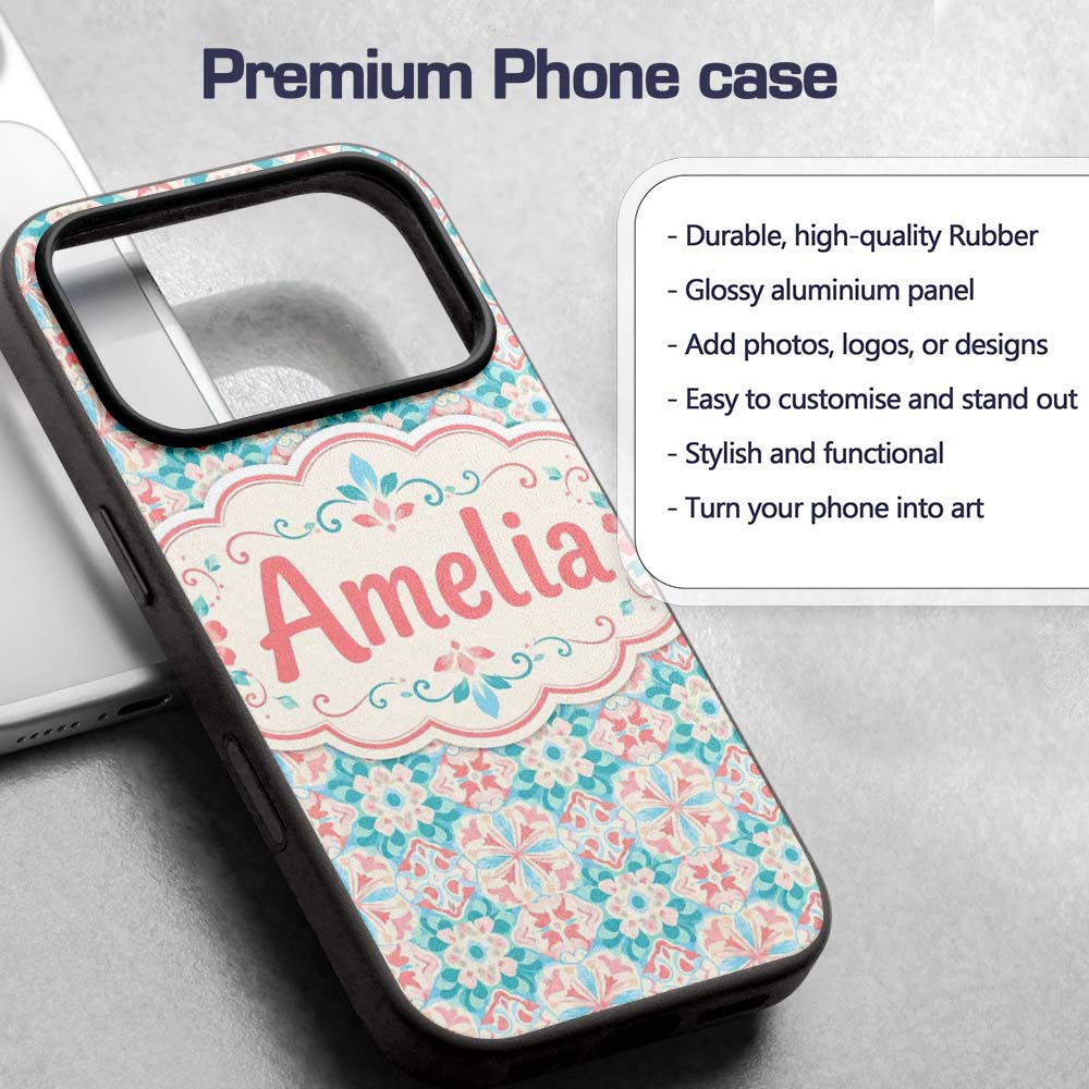 Pastel Floral Geometric Tile Pink Teal Seamless Custom Name Protective Phone Case Mobile Cover Durable Everyday Smartphone Shock Resistant