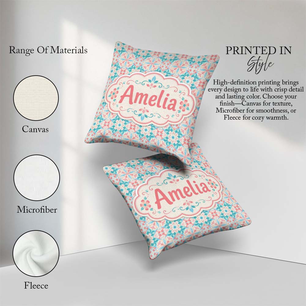Custom Name Pastel Floral Tile Pink Teal Seamless Pattern Lovely Square Filled Cushion Throw Pillow Sofa Bed Home Decor Zip Washable UK Made