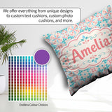 Custom Name Pastel Floral Tile Pink Teal Seamless Pattern Lovely Square Filled Cushion Throw Pillow Sofa Bed Home Decor Zip Washable UK Made