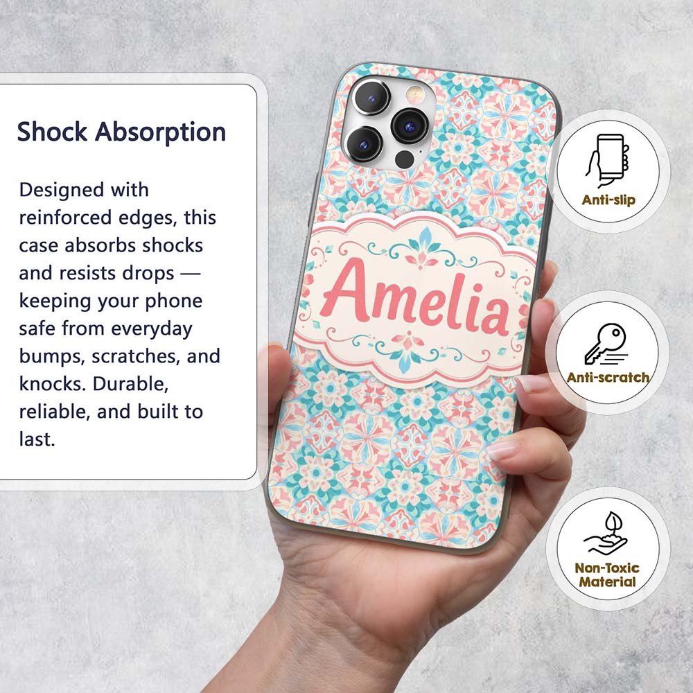 Pastel Floral Geometric Tile Pink Teal Seamless Custom Name Protective Phone Case Mobile Cover Durable Everyday Smartphone Shock Resistant