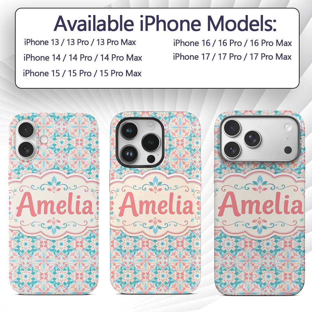 Pastel Floral Geometric Tile Pink Teal Seamless Custom Name Protective Phone Case Mobile Cover Durable Everyday Smartphone Shock Resistant