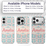 Pastel Floral Geometric Tile Pink Teal Seamless Custom Name Protective Phone Case Mobile Cover Durable Everyday Smartphone Shock Resistant