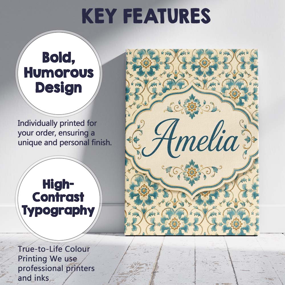 Personalised Name Classic Blue White Tile Custom  Unique Gift Idea Elegant Feature Canvas Wall Art Print Decor Picture Ready to Hang