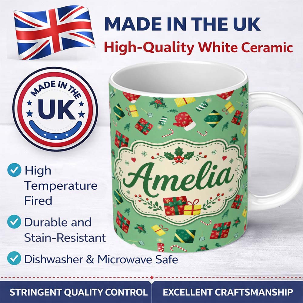 Personalized Custom Name Christmas Gifts Candy Cane Holly Mitten Seamless Pattern Lovely 11oz Ceramic Coffee Tea Mug White Large Handle