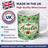 Personalized Custom Name Christmas Gifts Candy Cane Holly Mitten Seamless Pattern Lovely 11oz Ceramic Coffee Tea Mug White Large Handle