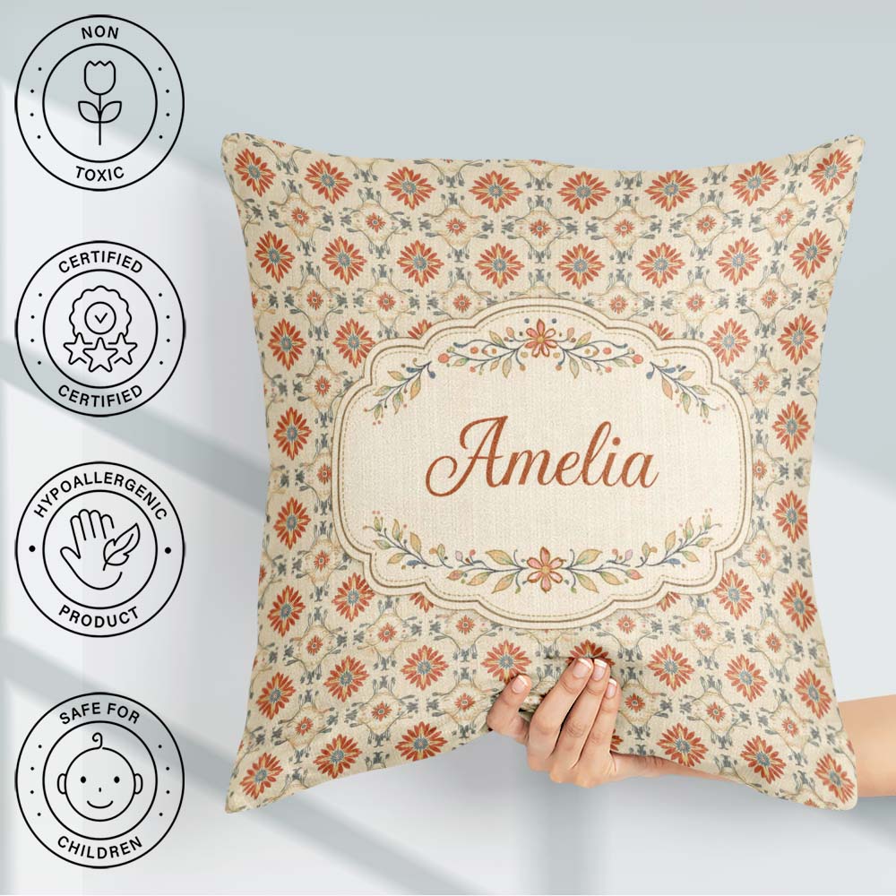 Custom Name Aqua Orange Floral Tile Repeating Seamless Pattern Square Filled Cushion Throw Pillow Sofa Bed Home Decor Zip Washable UK Made