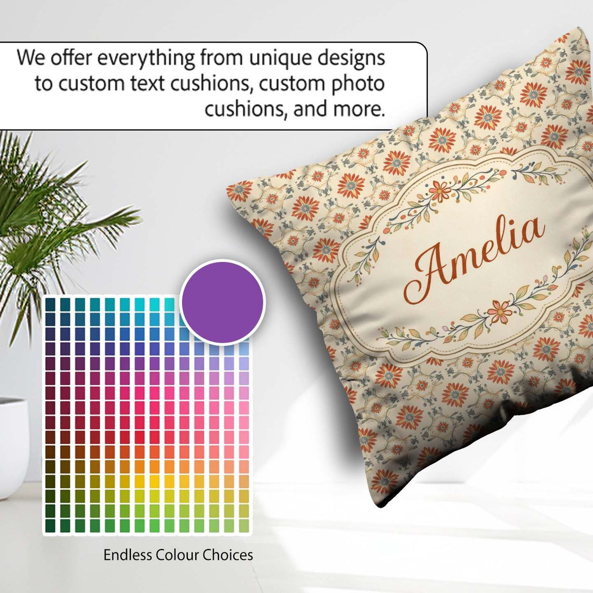 Custom Name Aqua Orange Floral Tile Repeating Seamless Pattern Square Filled Cushion Throw Pillow Sofa Bed Home Decor Zip Washable UK Made