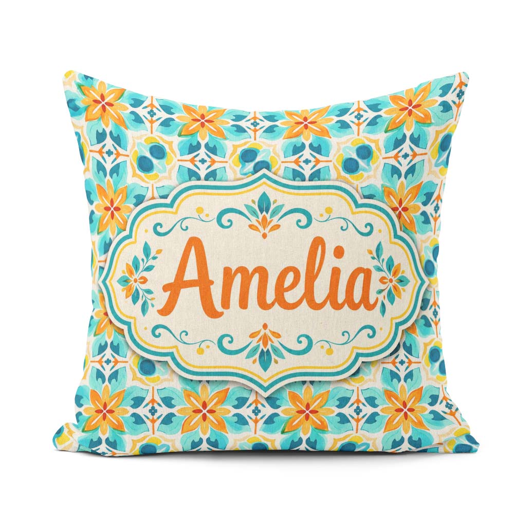 Custom Name Dark Floral Folk Pattern Orange Blue Seamless Lovely Square Filled Cushion Throw Pillow Sofa Bed Home Decor Zip Washable UK Made