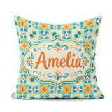 Custom Name Dark Floral Folk Pattern Orange Blue Seamless Lovely Square Filled Cushion Throw Pillow Sofa Bed Home Decor Zip Washable UK Made