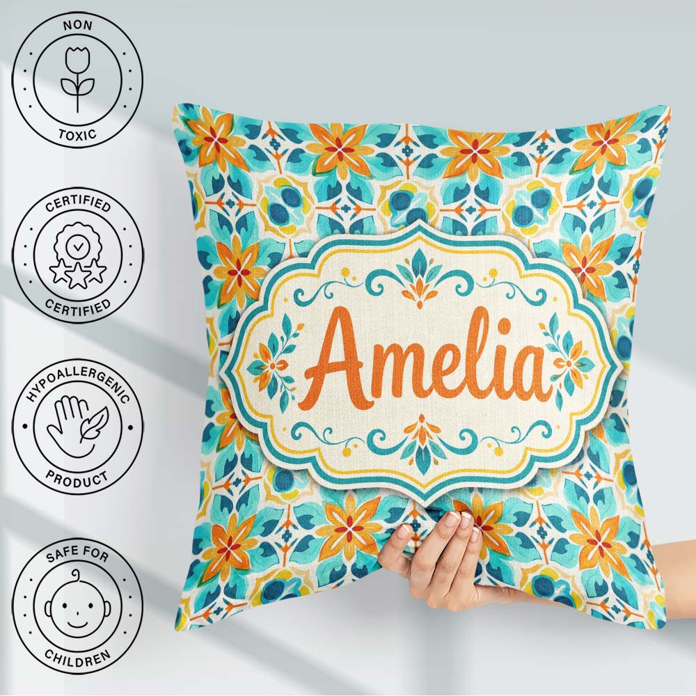 Custom Name Dark Floral Folk Pattern Orange Blue Seamless Lovely Square Filled Cushion Throw Pillow Sofa Bed Home Decor Zip Washable UK Made