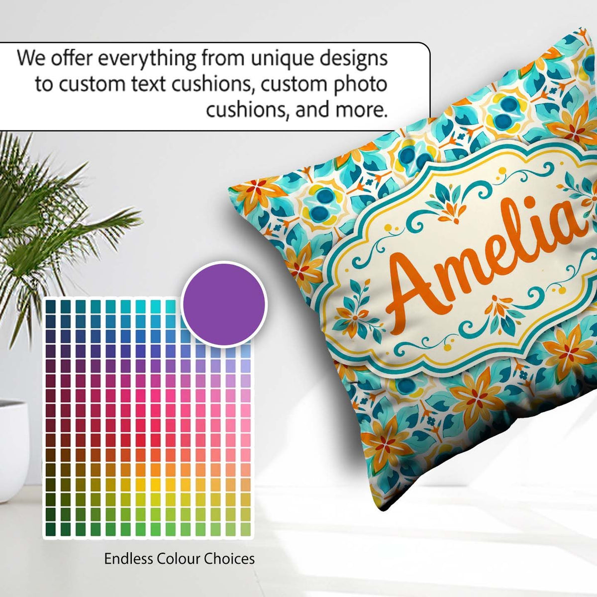 Custom Name Dark Floral Folk Pattern Orange Blue Seamless Lovely Square Filled Cushion Throw Pillow Sofa Bed Home Decor Zip Washable UK Made
