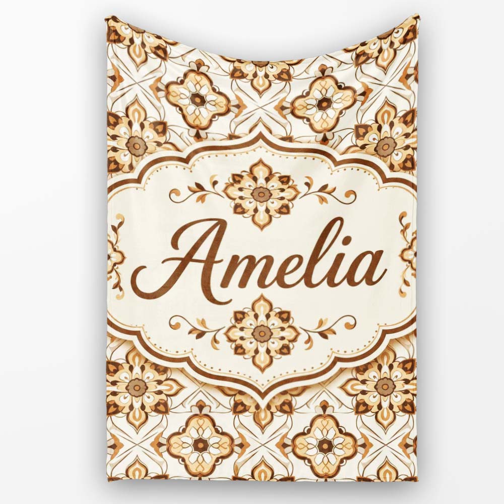 Ornamental Blue Floral Lattice Vintage Seamless Pattern Lovely  Personalised Custom Name Super Soft Fleece Blanket Bed Sofa Throw