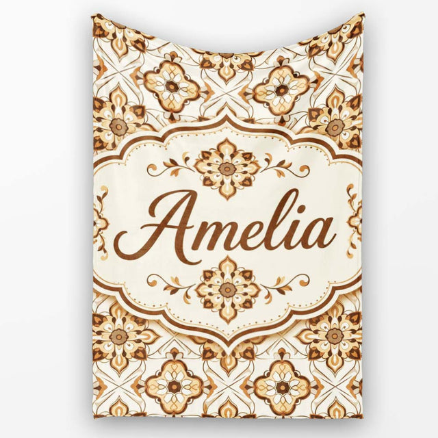 Ornamental Blue Floral Lattice Vintage Seamless Pattern Lovely  Personalised Custom Name Super Soft Fleece Blanket Bed Sofa Throw