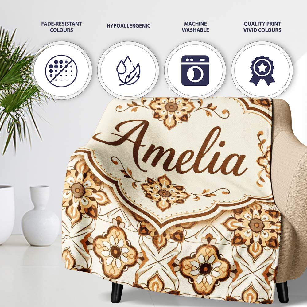 Ornamental Blue Floral Lattice Vintage Seamless Pattern Lovely  Personalised Custom Name Super Soft Fleece Blanket Bed Sofa Throw