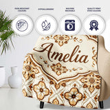 Ornamental Blue Floral Lattice Vintage Seamless Pattern Lovely  Personalised Custom Name Super Soft Fleece Blanket Bed Sofa Throw