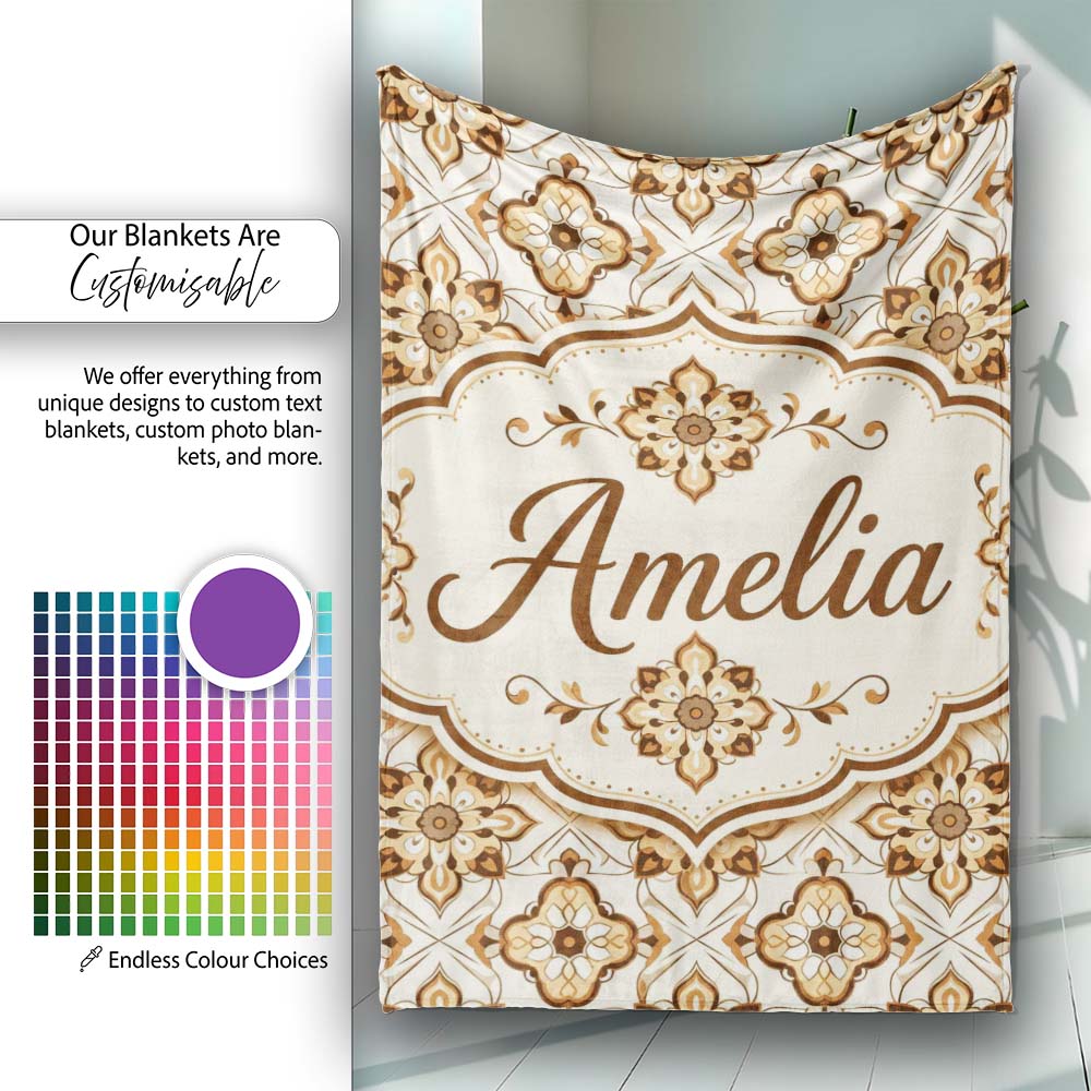 Ornamental Blue Floral Lattice Vintage Seamless Pattern Lovely  Personalised Custom Name Super Soft Fleece Blanket Bed Sofa Throw
