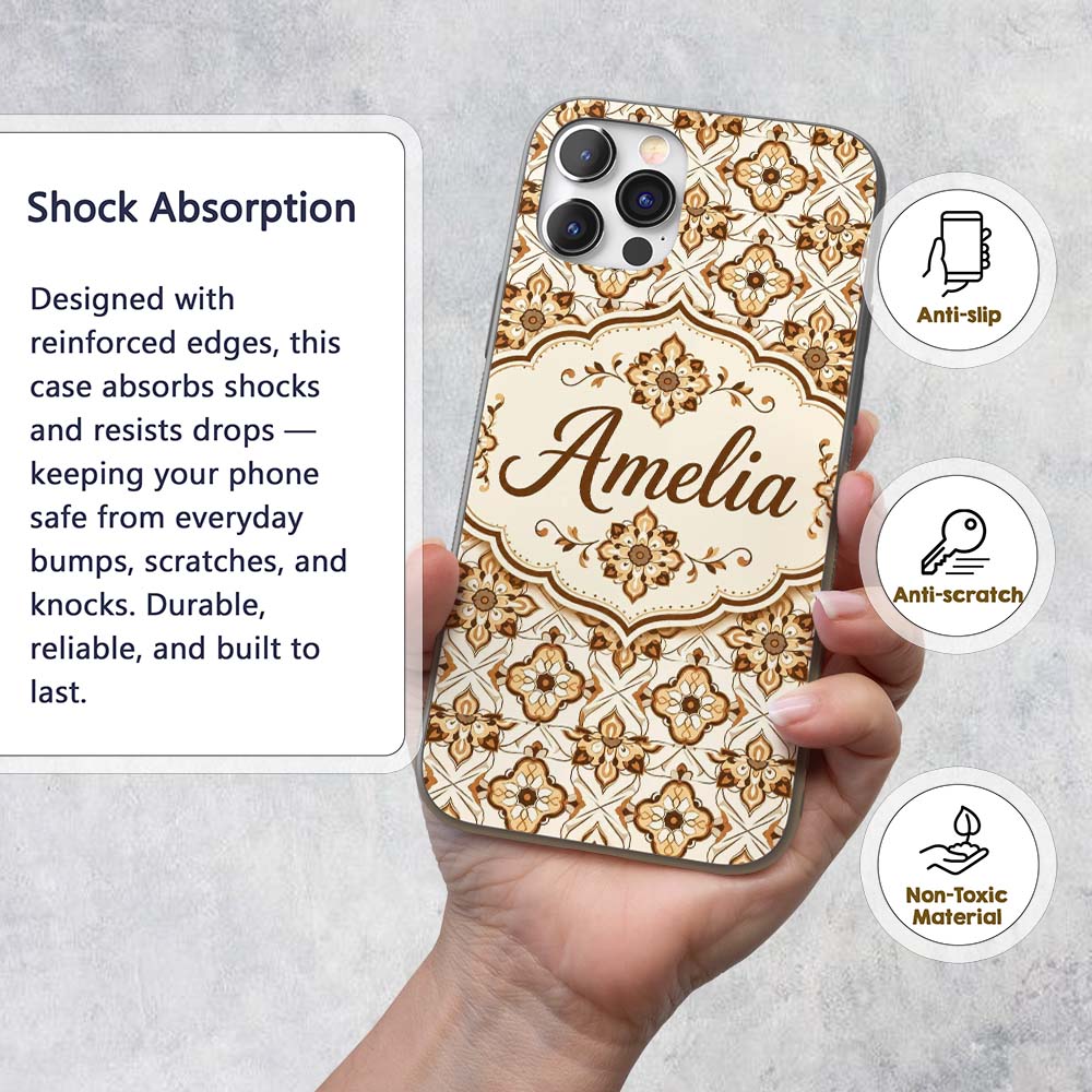 Ornamental Blue Floral Lattice Vintage Seamless Custom Name Protective Phone Case Mobile Cover Durable Everyday Smartphone Shock Resistant