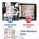 Personalized Custom Name Colorful Watercolor Butterflies on White Background Seamless 11oz Ceramic Coffee Tea Mug White Large Handle