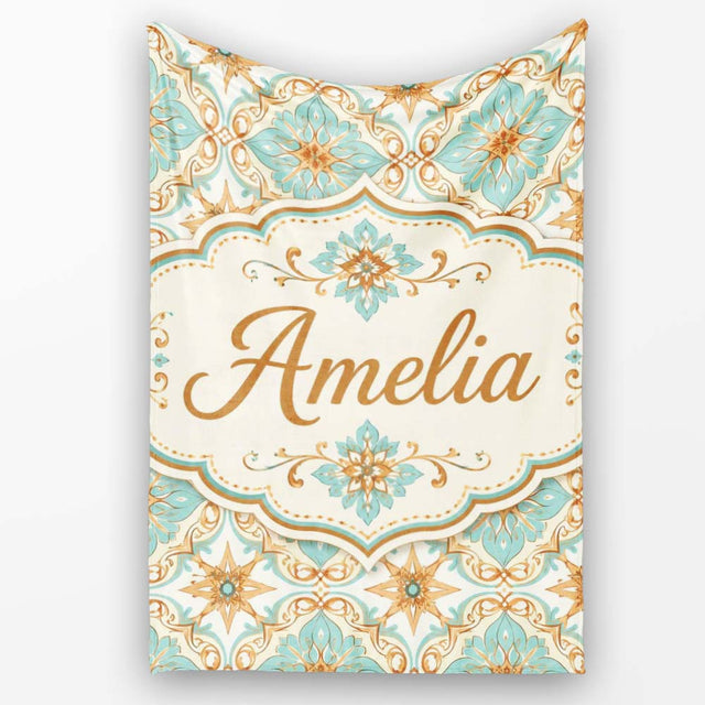 Muted Blue Green Vintage Tile Floral Seamless Pattern Lovely  Personalised Custom Name Super Soft Fleece Blanket Bed Sofa Throw