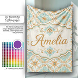 Muted Blue Green Vintage Tile Floral Seamless Pattern Lovely  Personalised Custom Name Super Soft Fleece Blanket Bed Sofa Throw
