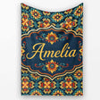 Teal and Mustard Ornate Floral Tile Pattern with Symmetrical Vintage  Personalised Custom Name Super Soft Fleece Blanket Bed Sofa Throw