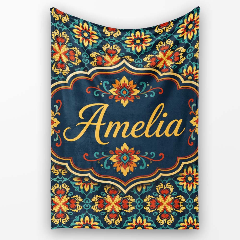 Teal and Mustard Ornate Floral Tile Pattern with Symmetrical Vintage  Personalised Custom Name Super Soft Fleece Blanket Bed Sofa Throw