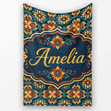 Teal and Mustard Ornate Floral Tile Pattern with Symmetrical Vintage  Personalised Custom Name Super Soft Fleece Blanket Bed Sofa Throw