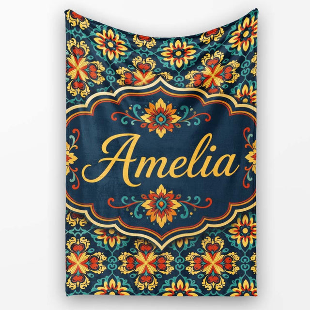 Teal and Mustard Ornate Floral Tile Pattern with Symmetrical Vintage  Personalised Custom Name Super Soft Fleece Blanket Bed Sofa Throw
