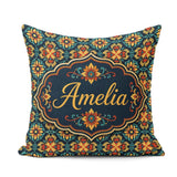 Custom Name Teal and Mustard Ornate Floral Tile with Symmetrical Square Filled Cushion Throw Pillow Sofa Bed Home Decor Zip Washable UK Made