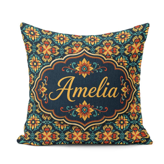 Custom Name Teal and Mustard Ornate Floral Tile with Symmetrical Square Filled Cushion Throw Pillow Sofa Bed Home Decor Zip Washable UK Made