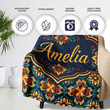 Teal and Mustard Ornate Floral Tile Pattern with Symmetrical Vintage  Personalised Custom Name Super Soft Fleece Blanket Bed Sofa Throw