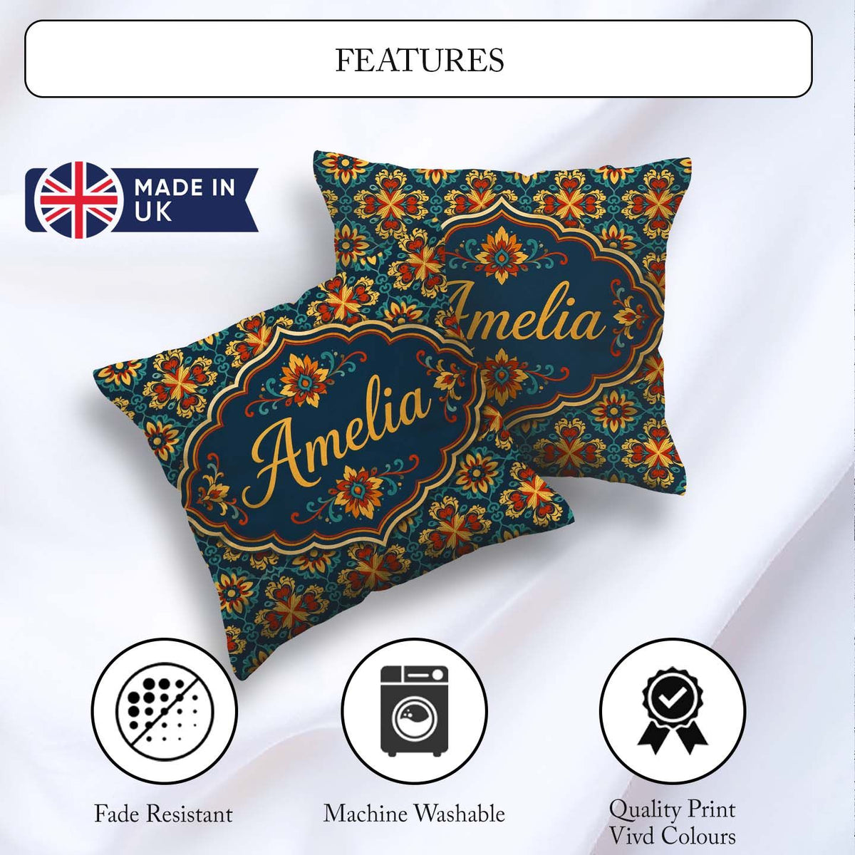 Custom Name Teal and Mustard Ornate Floral Tile with Symmetrical Square Filled Cushion Throw Pillow Sofa Bed Home Decor Zip Washable UK Made