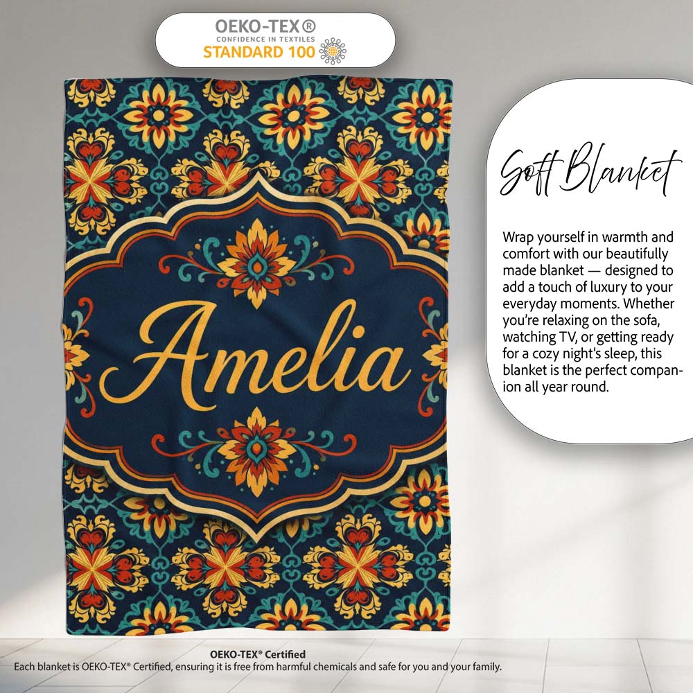 Teal and Mustard Ornate Floral Tile Pattern with Symmetrical Vintage  Personalised Custom Name Super Soft Fleece Blanket Bed Sofa Throw