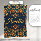 Teal and Mustard Ornate Floral Tile Pattern with Symmetrical Vintage  Personalised Custom Name Super Soft Fleece Blanket Bed Sofa Throw