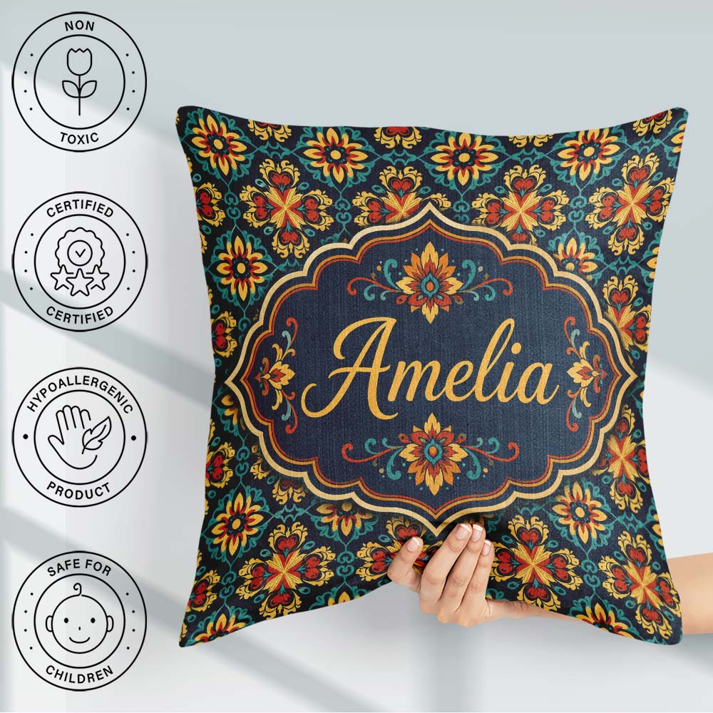 Custom Name Teal and Mustard Ornate Floral Tile with Symmetrical Square Filled Cushion Throw Pillow Sofa Bed Home Decor Zip Washable UK Made