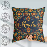 Custom Name Teal and Mustard Ornate Floral Tile with Symmetrical Square Filled Cushion Throw Pillow Sofa Bed Home Decor Zip Washable UK Made