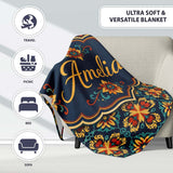 Teal and Mustard Ornate Floral Tile Pattern with Symmetrical Vintage  Personalised Custom Name Super Soft Fleece Blanket Bed Sofa Throw