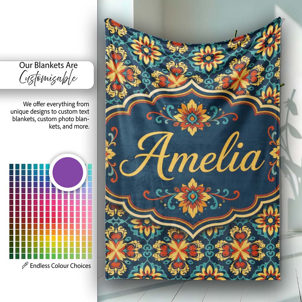 Teal and Mustard Ornate Floral Tile Pattern with Symmetrical Vintage  Personalised Custom Name Super Soft Fleece Blanket Bed Sofa Throw