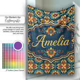 Teal and Mustard Ornate Floral Tile Pattern with Symmetrical Vintage  Personalised Custom Name Super Soft Fleece Blanket Bed Sofa Throw
