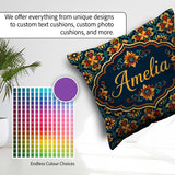 Custom Name Teal and Mustard Ornate Floral Tile with Symmetrical Square Filled Cushion Throw Pillow Sofa Bed Home Decor Zip Washable UK Made